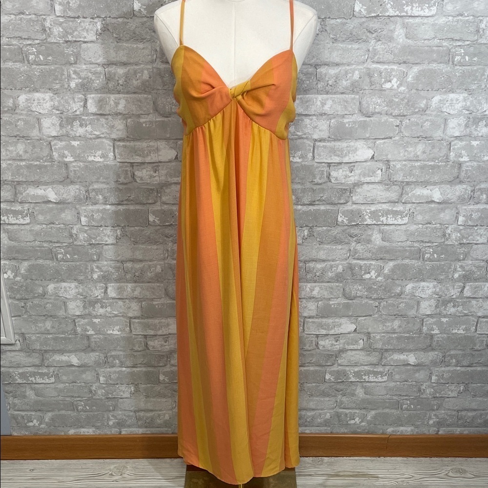 Show Me Your MuMu Yellow and Orange Striped Magnolia Midi Dress in Sun-kissed